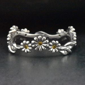 Silver Daisy Flower Yellow Citrine Eternity Ring